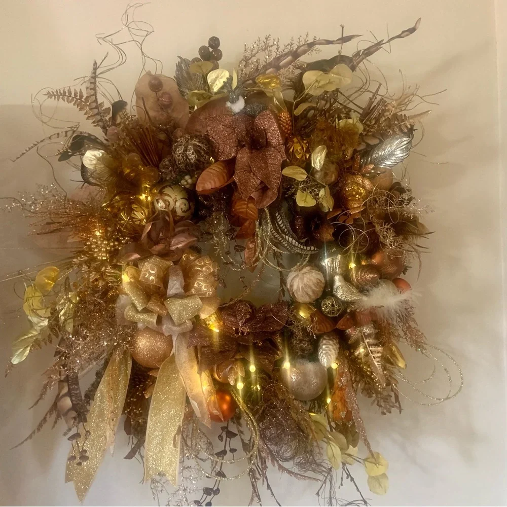 New Large 32” Elegant Floral Christmas Bronze Gold Luxury Wreath With Lights